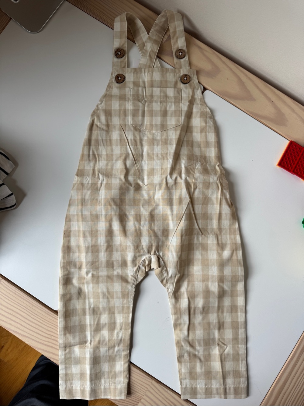 Jamie Kay Beige Gingham Overalls with Wooden Buttons